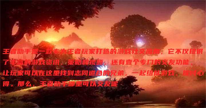 王者助手是一款专为王者玩家打造的游戏社交应用,它不仅提供了丰富的游戏资讯、策略和视频,还有壹个专门的交友功能,让玩家可以在这里找到志同道合的兄弟,一起组队游戏、探讨心得。那么,王者助手哪里可以交友呢